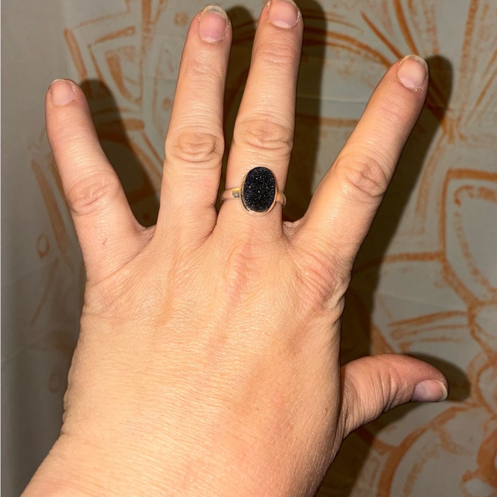 Sterling Silver Black Druzy Onyx Oval Ring - Women Jewelry - Picture 4 of 8
